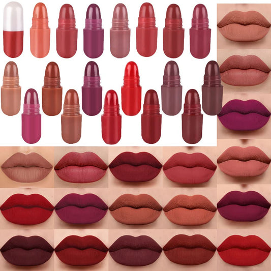 evpct 18 Pcs Capsule Pills Lipstick Mini Matte Lipstick Set for Women Long Lasting labiales mate 24 horas originales Deep Red 24 Hours Waterproof Stay on Lip liner Set Sampler