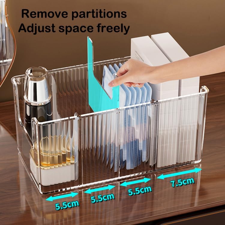 Extra Thick Acrylic Makeup Organizer with Removable Dividers - Waterproof Bathroom Storage for Sheet Masks/Essences/Cosmetics, Clear Visible Design, Space-Saving Vanity Organizer