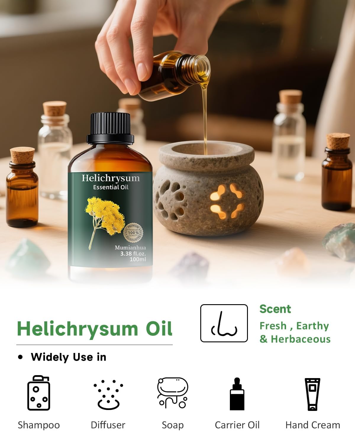 Mumianhua 100% Pure Helichrysum Essential Oil Undiluted & Natural Helichrysum Oil for Home Diffusers, Massages, DIY, Skin, Self-Care, Aromatherapy, Soap Making, Candle Making 3.38 Fl oz
