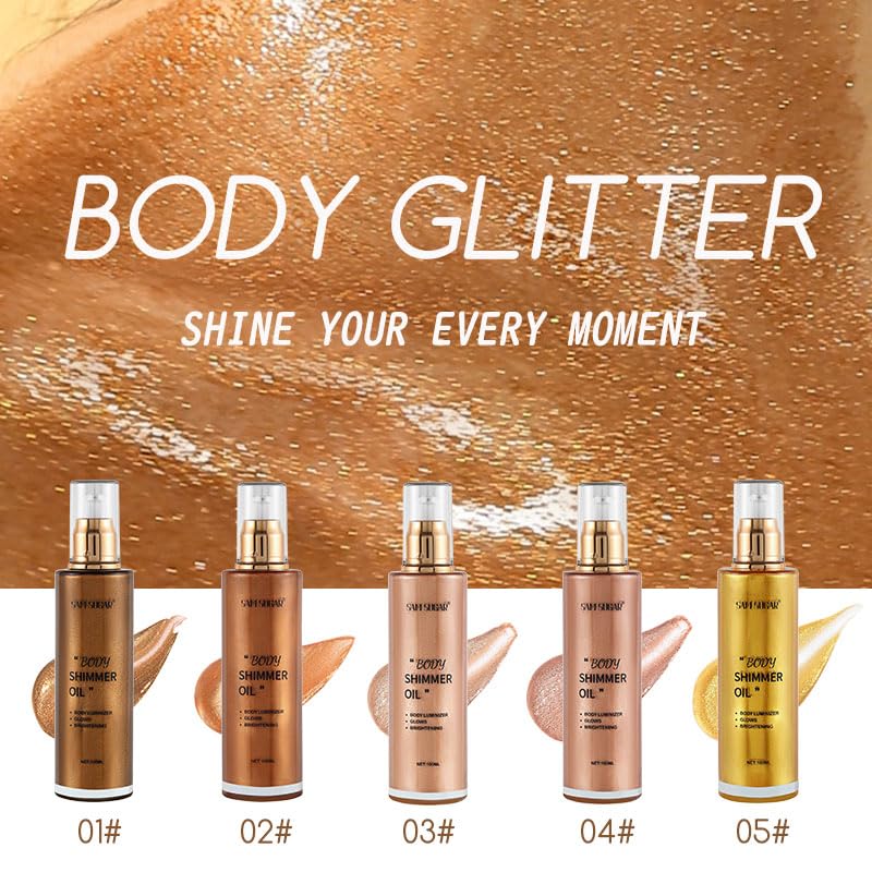 Shimmer Body Oil, Long Lasting Moisturizing Body Glow Oil for Women Face Luminizer Highlighter Makeup 100ml Glitter Shimmer Lotion for Glow Skin (Light Rose Gold)