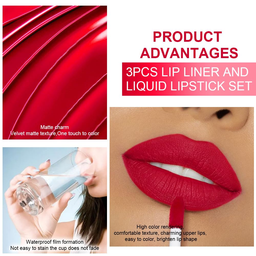 evpct 3Pcs Dark Red Orange Fire Red Matte Lip Liner & Liquid Lipstick Stain Makeup Set for Women, Lip Liner Stain Long Lasting Waterproof Smudge Proof, Cruelty Free Lip Makeup 24 hours original labios