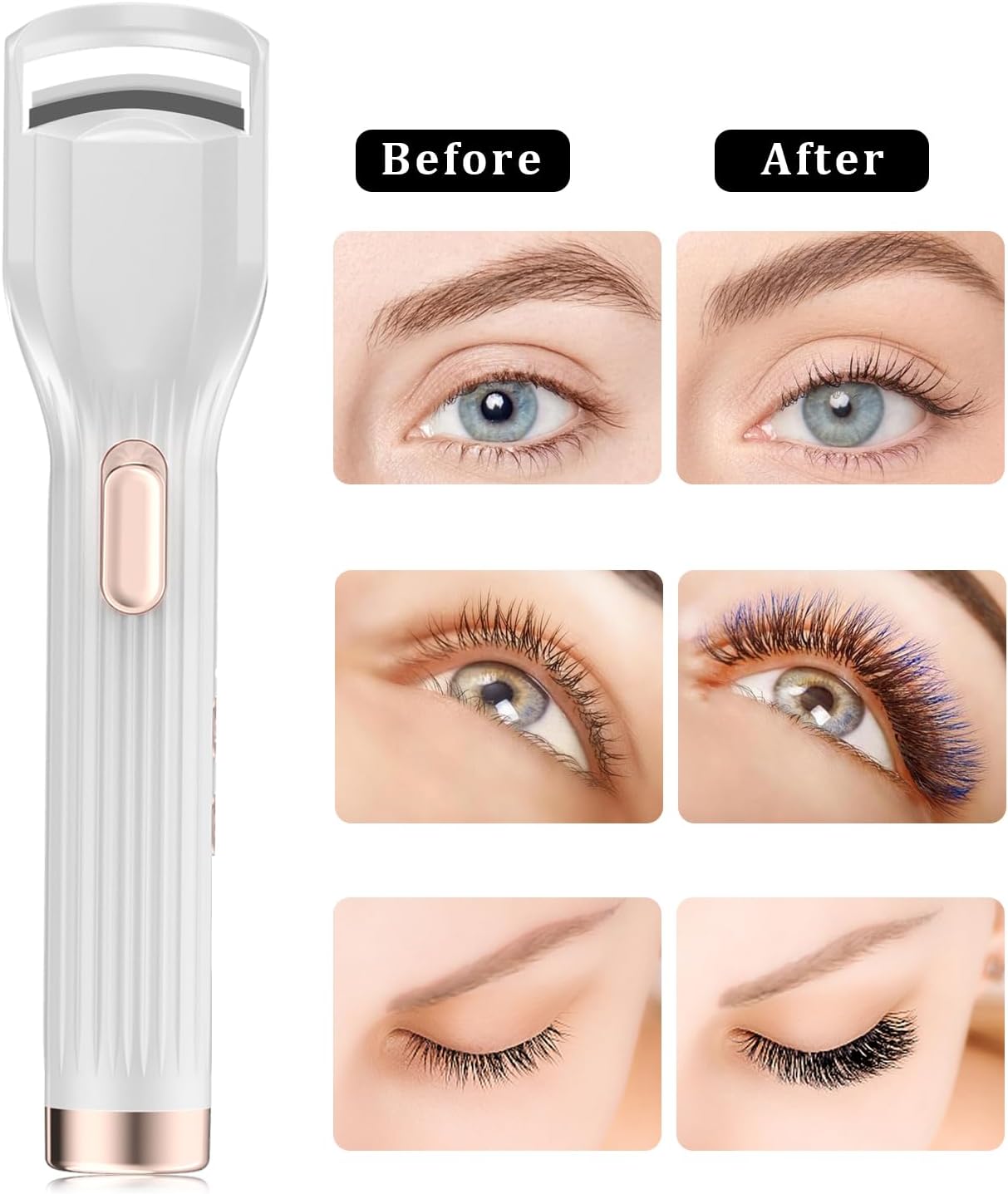 Heated Eyelash Curler Premium PRO - Fast Heat up in 8s - 24 Hours Long Lasting - Rechargeable Electric Eyelash Curler with Type-C, 2 Heat Modes, Anti-Burn Eyelid, Gift for Women Girls, White-AB