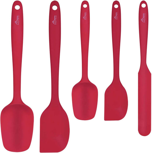 HOTEC Heat Resistant 600℉ BPA-Free Silicone Rubber Spatula Set, Kithchen Cooking Spatulas, Baking, Mixing, for Non Stick Cookware, Dishwasher Safe, Red Set of 5