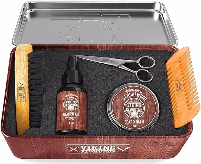 Viking Revolution Ultimate Grooming Kit for Men - Boar Brush, Wood Comb, Sandalwood Balm & Oil, Scissors for Beard & Mustache