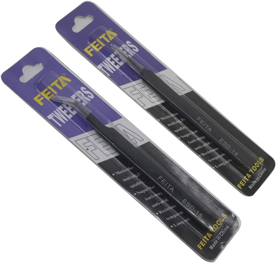 Eyelash Tweezers - FEITA Precision Eyelash Extension Tweezers Set - Professional Straight & Curved Pointed Very Fine Tip Tweezers for Lash Extensions - Black - 2Pcs