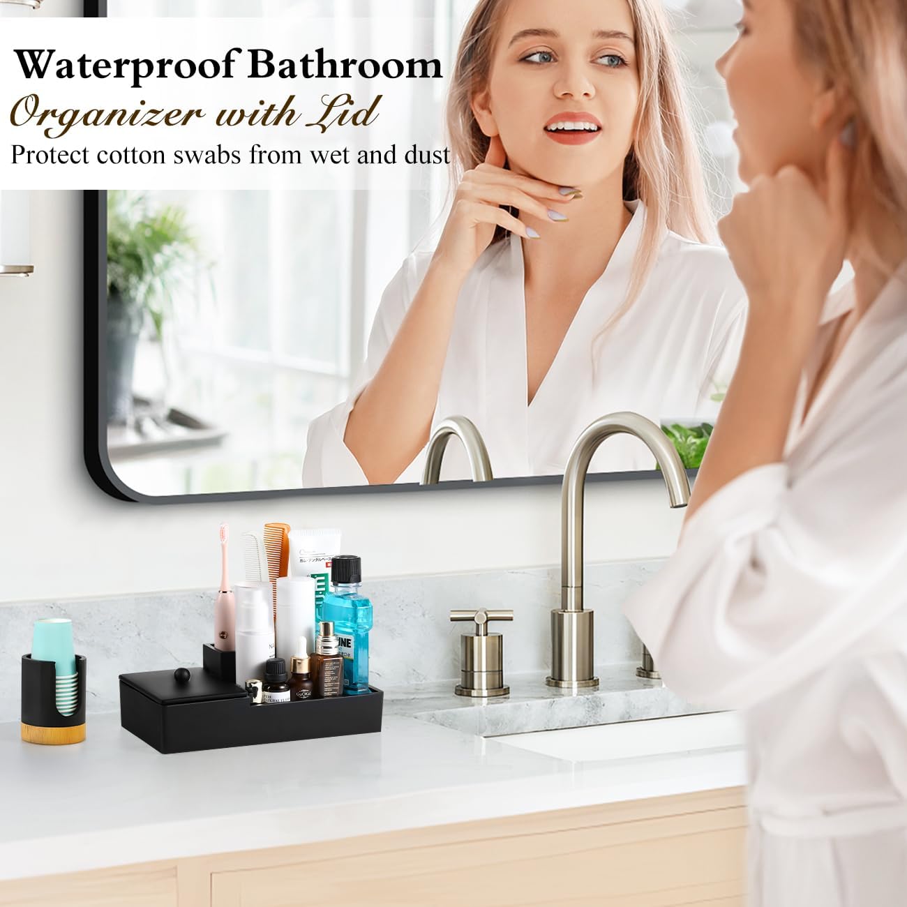 Luxspire Bathroom Counter Organizer - 5 Slot Toothbrush Holder with Lid for Cotton Balls, Q-Tips, Floss - Matte Black