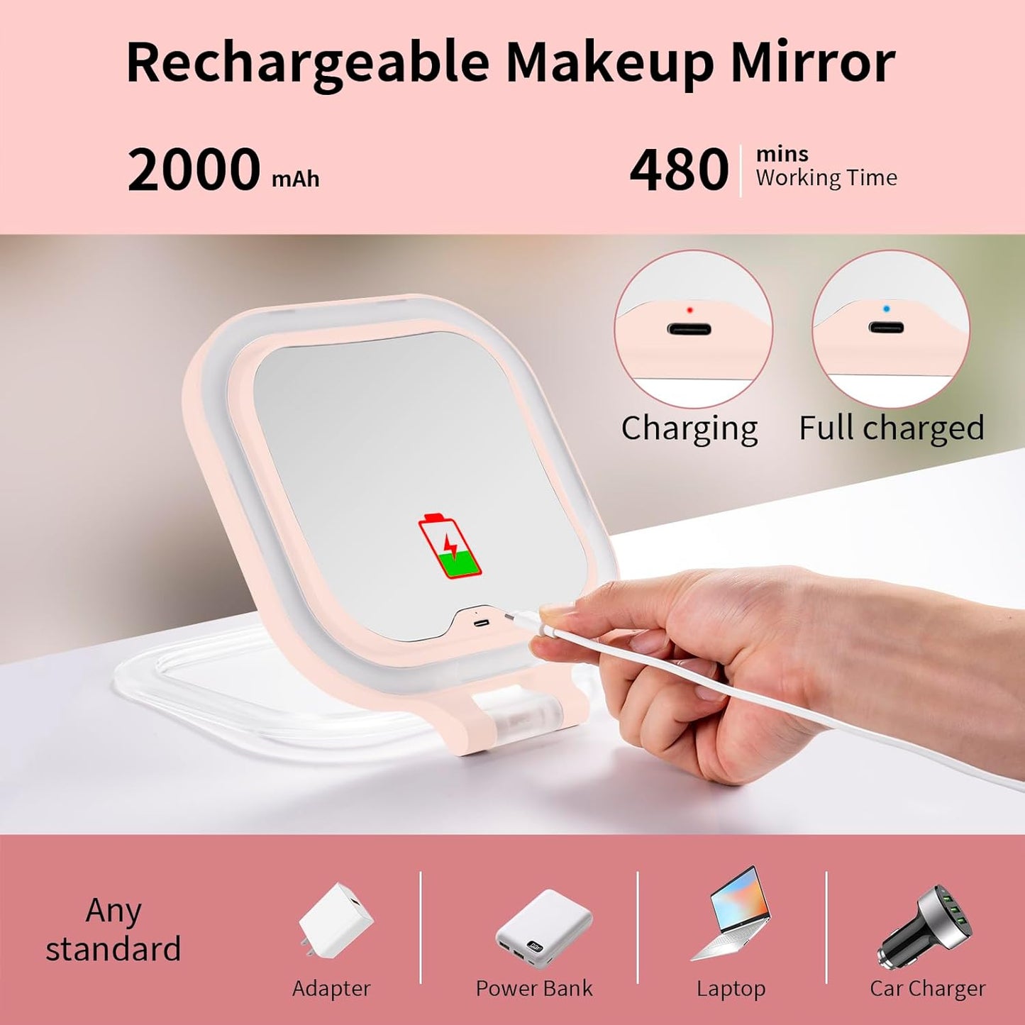 DESCHEN Rechargeable Travel Makeup Vanity Mirror with Lights and Magnification, Portable 1X/10X Magnifying Mirror with 3 Color Light, Lighted Makeup Mirror with Magnification, Folding LED Desk - Pink