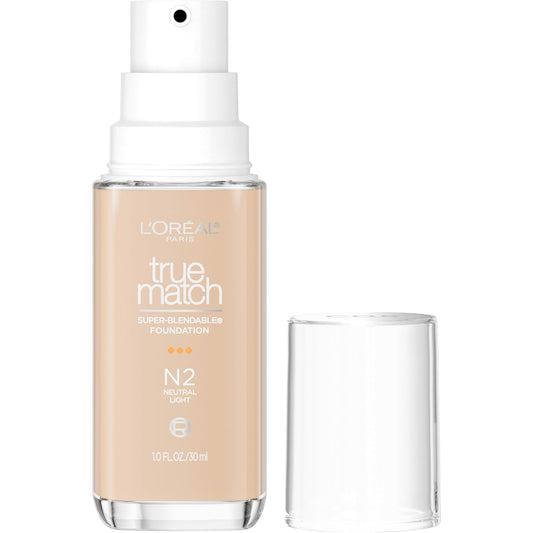 L'Oreal Paris True Match Super-Blendable Foundation, Medium Coverage Liquid Foundation Makeup, N2, Light, 1 Fl Oz