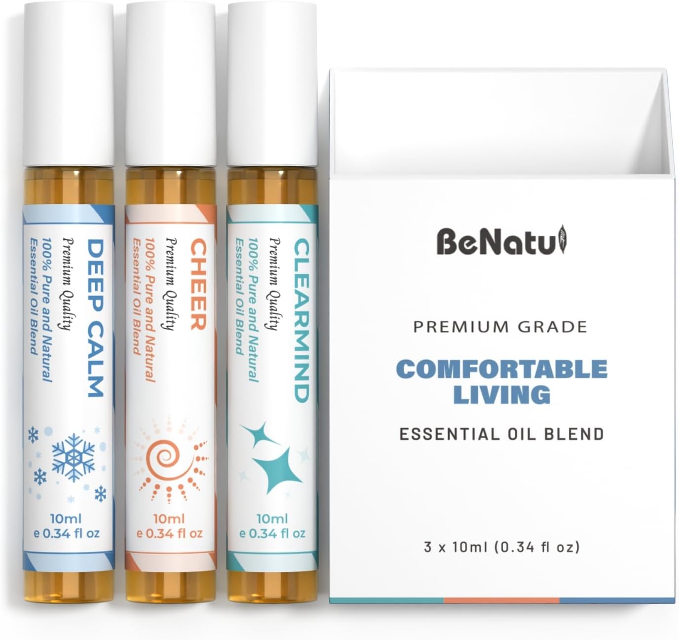 Essential Oil Set (Deep Calm, Cheer, ClearMind), Aromatherapy Roll On Blends for Massage, Body Care & Home Use, Great Fragrance Roller Gift for Men & Women