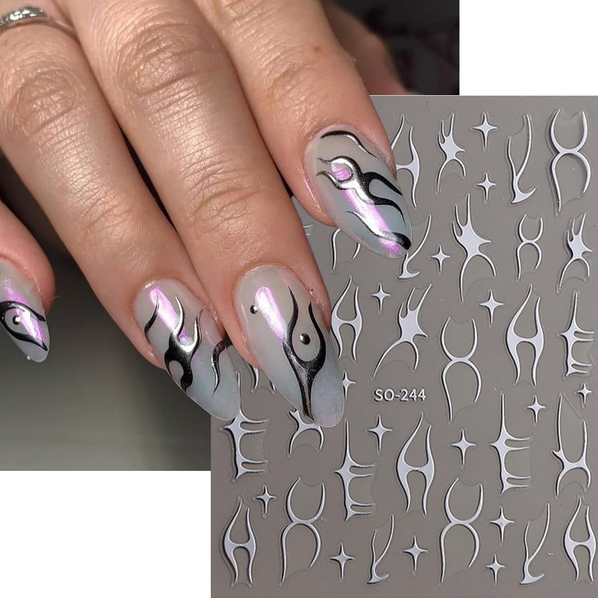 3D Nail Stickers Geometric Nail Art Stickers Fishbone Line Nail Decals Red Gold Black Silver White Irregular Line Mixed Star Design Gothic Nail Sticker for Nail Art Decor Manicure for Women 6Sheets