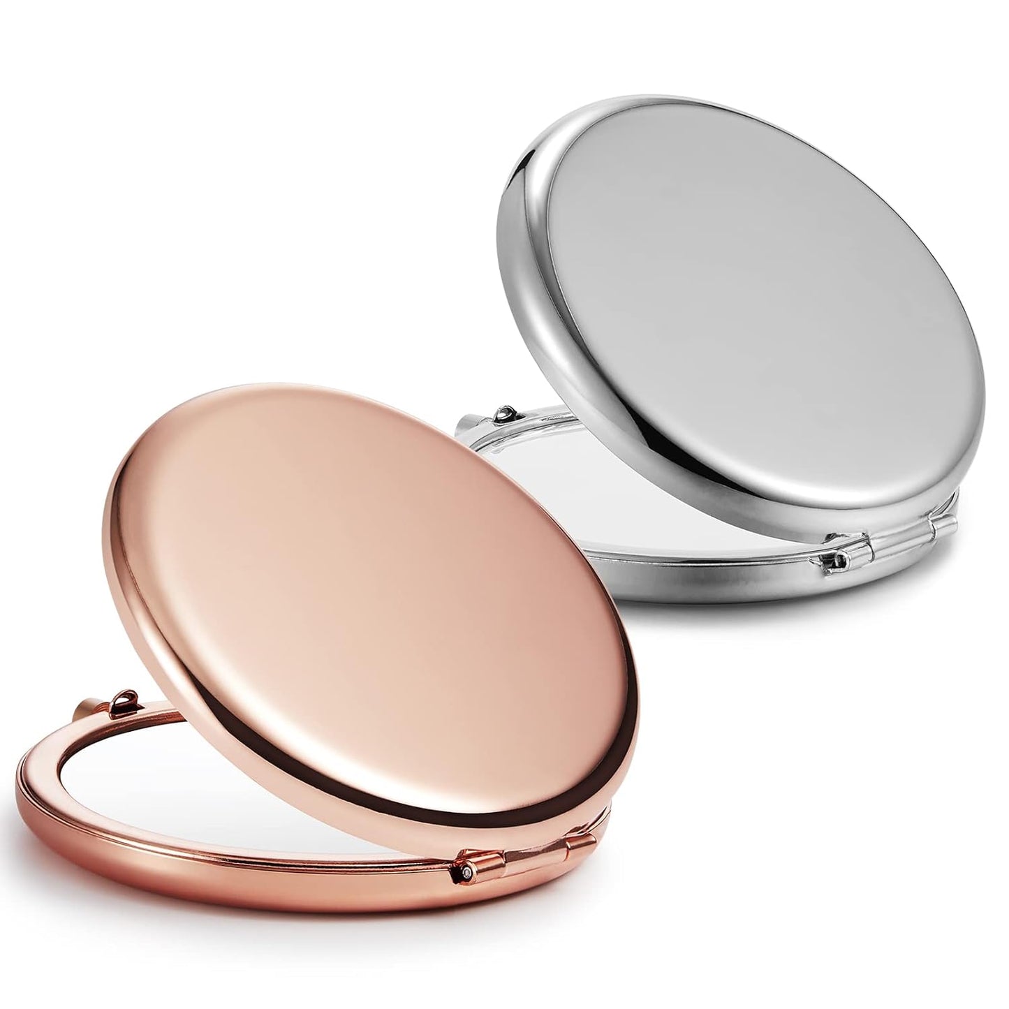 Compact Mirror Bulk, Set of 2 Double-Sided 1X/2X Magnifying Purse Pocket Makeup Mirrors(Round, Rose Gold and Silver)