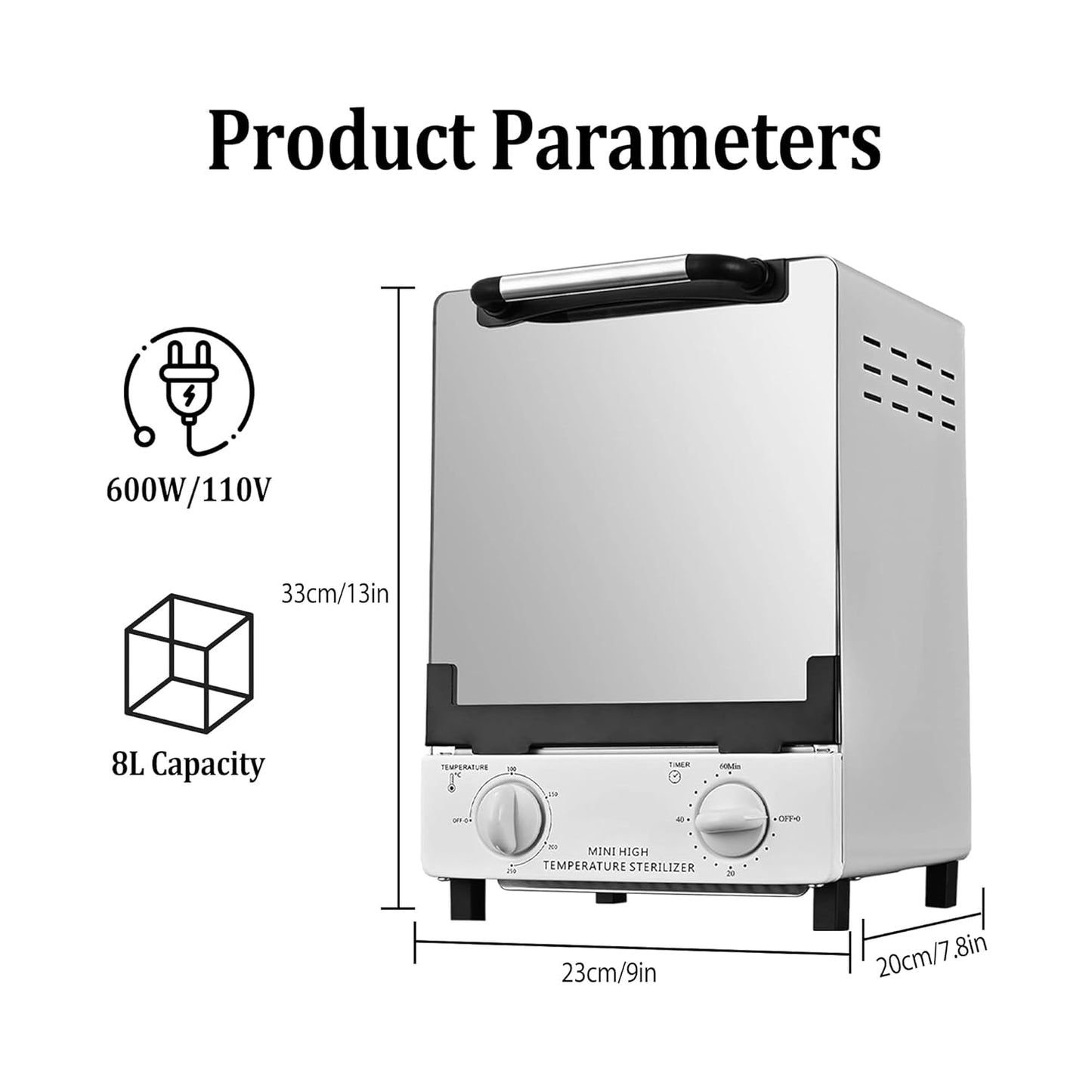 High Temperature Sterilizer, Large Capacity Dry Heat Stainless Steel Sterilizer with Temp and Timer Control, Max timing 60min, Max temperature 250℃ (482℉), With Stainless Trays, 110V power