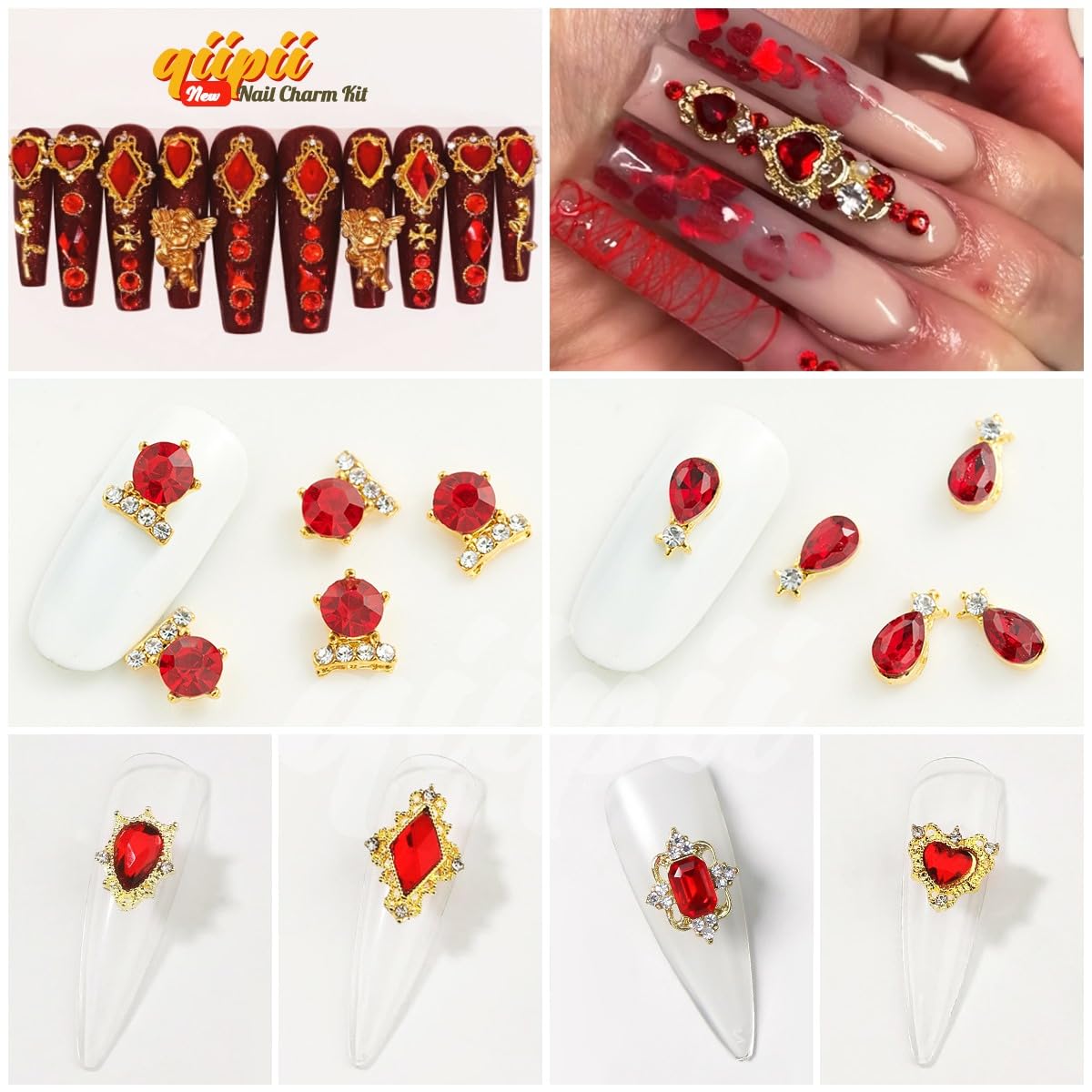 24pcs Red Nail Rhinestones Luxury Nail Charms Ruby Red Heart Charms for Nails 3D Big Nail Gems Crystals Diamonds Jewelry Stones Alloy Nail Art Studs Nail Art Decoration for Arylic Nails Crafts