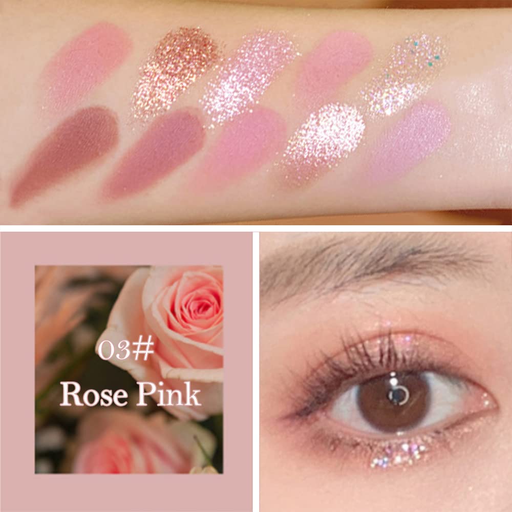 Erinde 10 Colors Eyeshadow Palette Makeup - Matte Shimmer Glitter Eye Shadow, Natural-Looking Korean Eye Makeup, Ultra-Blendable, High Pigmented, Pink Christmas Eyeshadow Palette with Brush, Rose Pink