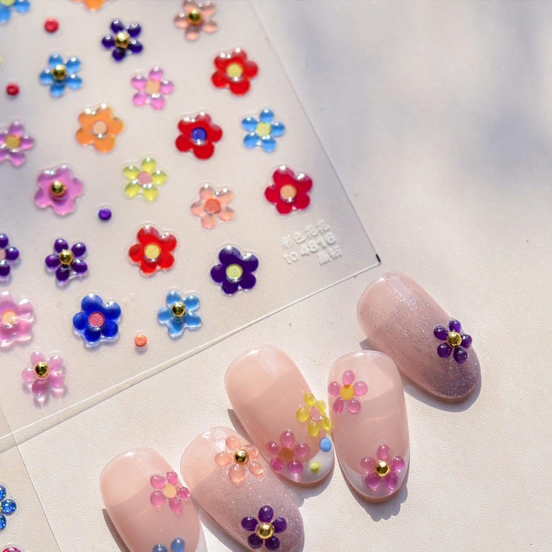 5D Embossed Flower Nail Stickers Colorful Nail Art Stickers Small Gold Ball Nail Decals Self Adhesive Nails Design Manicure Supplies Charm for Women Nail Art Decorations Accessories