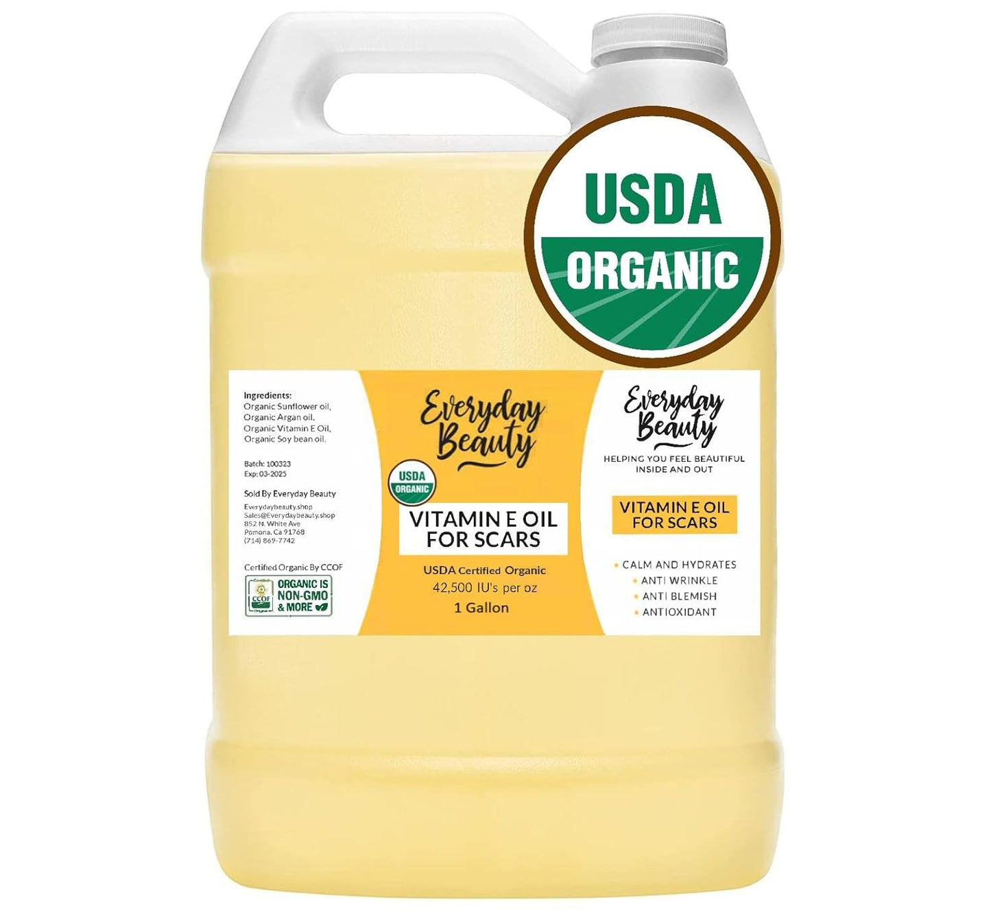 Organic Vitamin E Oil Bulk - 1 Gallon USDA Certified 100% All Natural Plant Based - Light and Unscented Great for Scars After Surgery - For Face, Skin and Nails - DIY, Reduce Wrinkles & Anti Aging