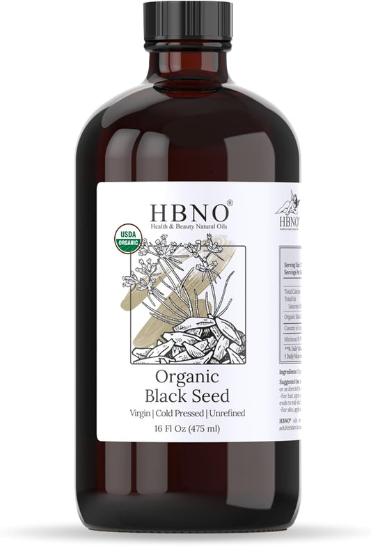 HBNO Organic Black Seed Oil - Huge 16 oz (475ml) Glass Bottle Value Size - USDA Certified Organic Black Seed Oil, Cold Pressed for Face, Body, Lips, Shampoo & Conditioner