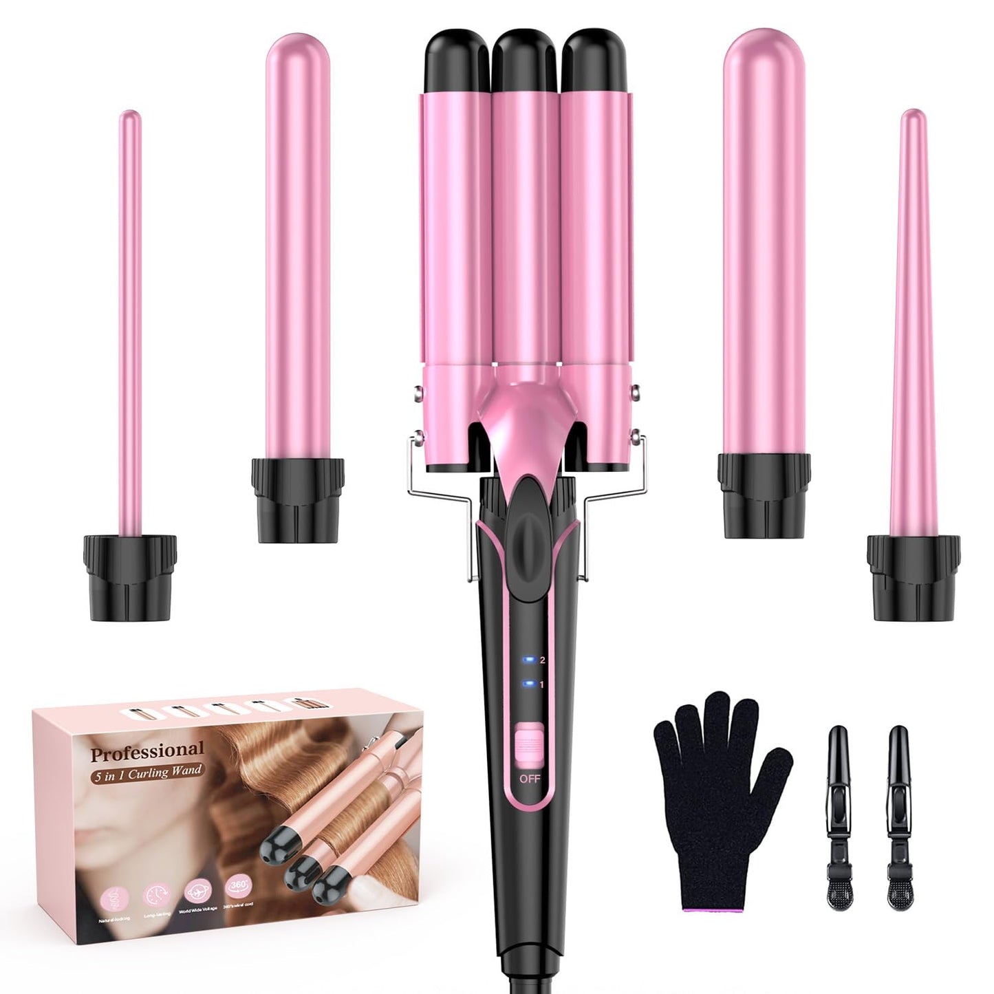 Waver Curling Iron Wand - BESTOPE PRO 5 in 1 Curling Wand Set with 3 Barrel Hair Crimper for Women, Fast Heating Crimper Wand Curler in All Hair Type, Women Gifts - Pink