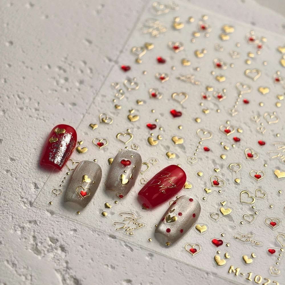 2 Sheets 5D Embossed Heart Nail Stickers 3D Self-Adhesive Red Black Hearts Love Nail Decals Golden Silver Hollowe Design Love Fall Valentines Day Nail Art for Women Girls DIY Manicure