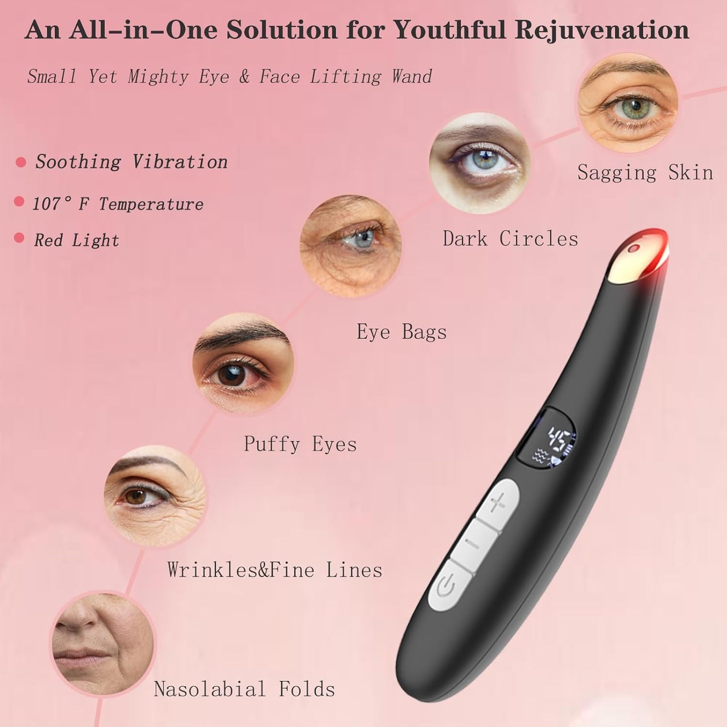 Eye Lift Wand, 3 in 1 Vibrating 98°F to 113°F LCD Eye Massager for Dry Eyes, Dark Circles and Puffiness, Face & Neck Lifting Tool for Fine Lines and Wrinkles, Black