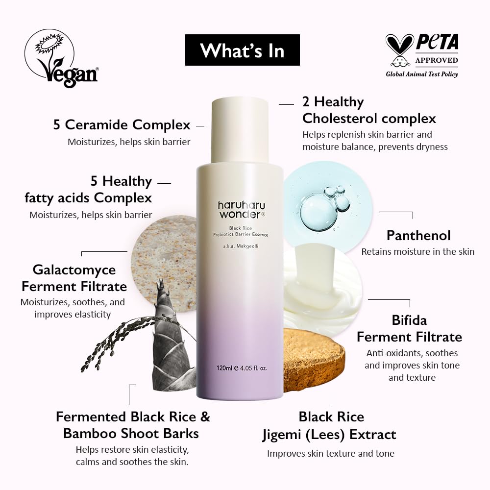 haruharu wonder Black Rice Probiotics Barrier Essence 4.05 fl. oz., Essence Toner to Strengthen Skin Barrier with Ceramides, Fermented Ingredients, Soothing, Moisturizing, Plumping, White