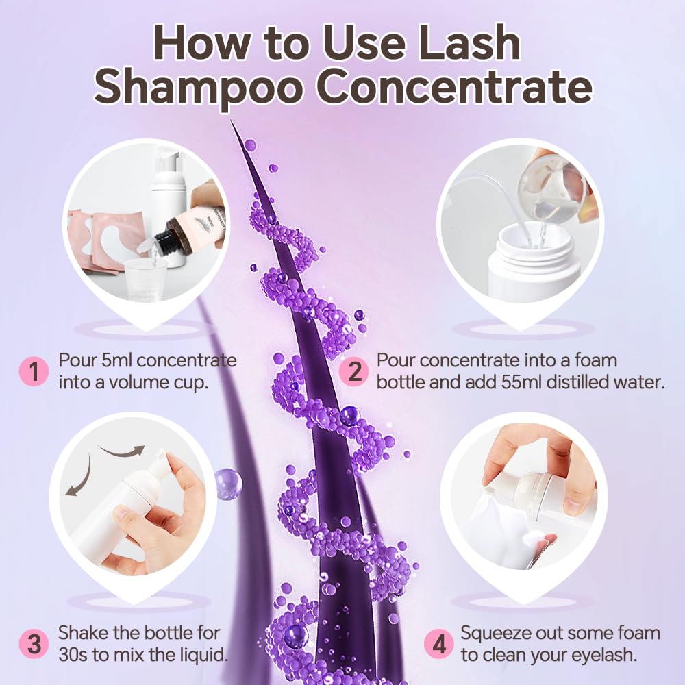 Lash Concentrate Shampoo 100ml for Lash Extension, Lash Shampoo Kit for Eyelash Cleansing, Oil-Free Eyelash Extension Cleanser Concentrate, Lash Cleaning Kit with Brush Bottle