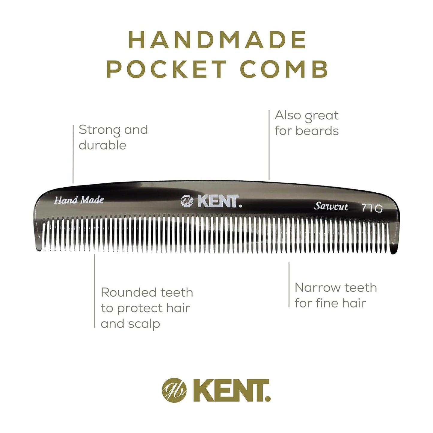 Kent 7T G All Fine Tooth Pocket Comb-Handmade Hair Comb for Grooming and Styling-Travel Comb for Hair Care,Mustache and Beard Care, Use Dry or with Balms, Saw Cut and Hand Polished for Wet or Dry Hair