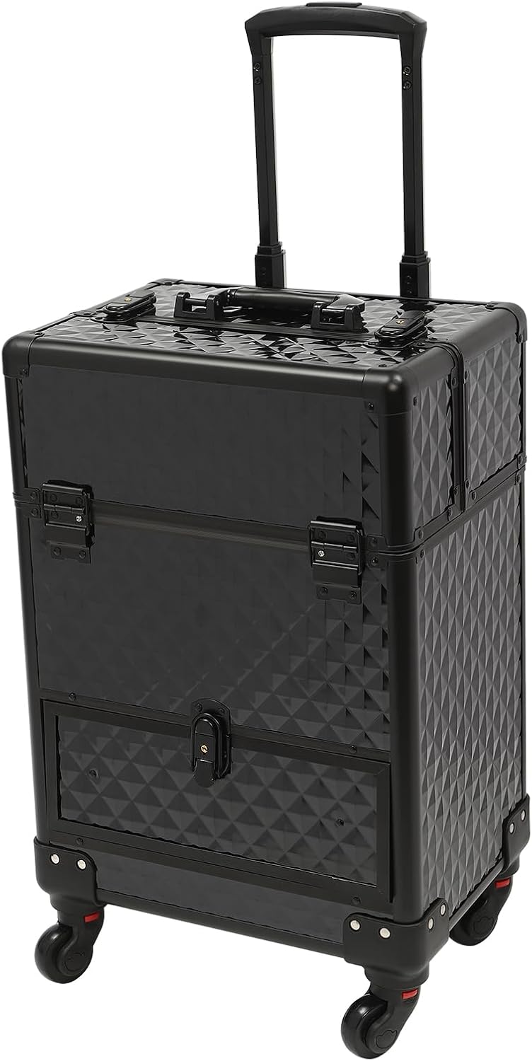 Rolling Makeup Train Case Professional Cosmetic Organizer Large Capacity Trolley Makeup Travel Case with 360° Swivel Wheels for Makeup Artist (Black)