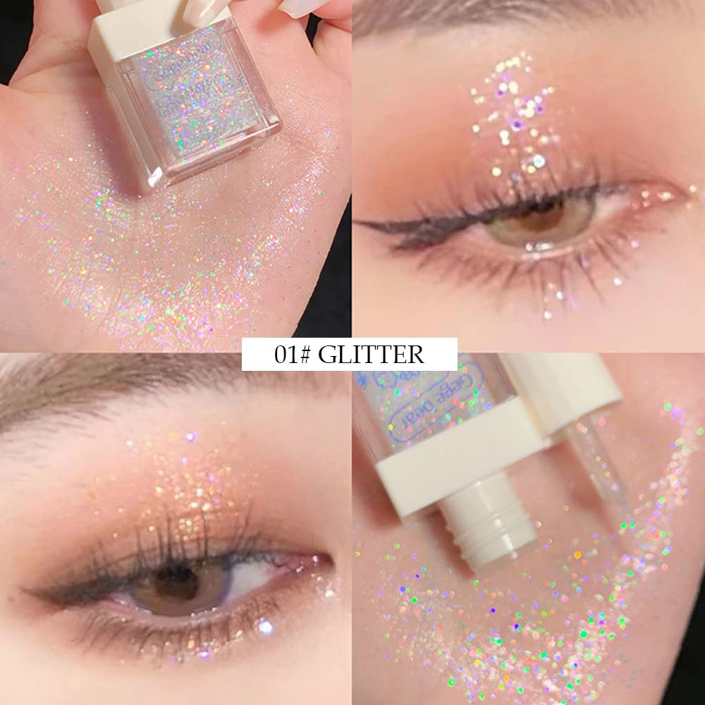 Waterproof Liquid Glitter Eyeshadow Eyeliner Makeup.Fairy Iridescent Pearl Peach Gold Eye Shadow Liquid Sparkly Eye Liner Highlight inner corner Eye Looks
