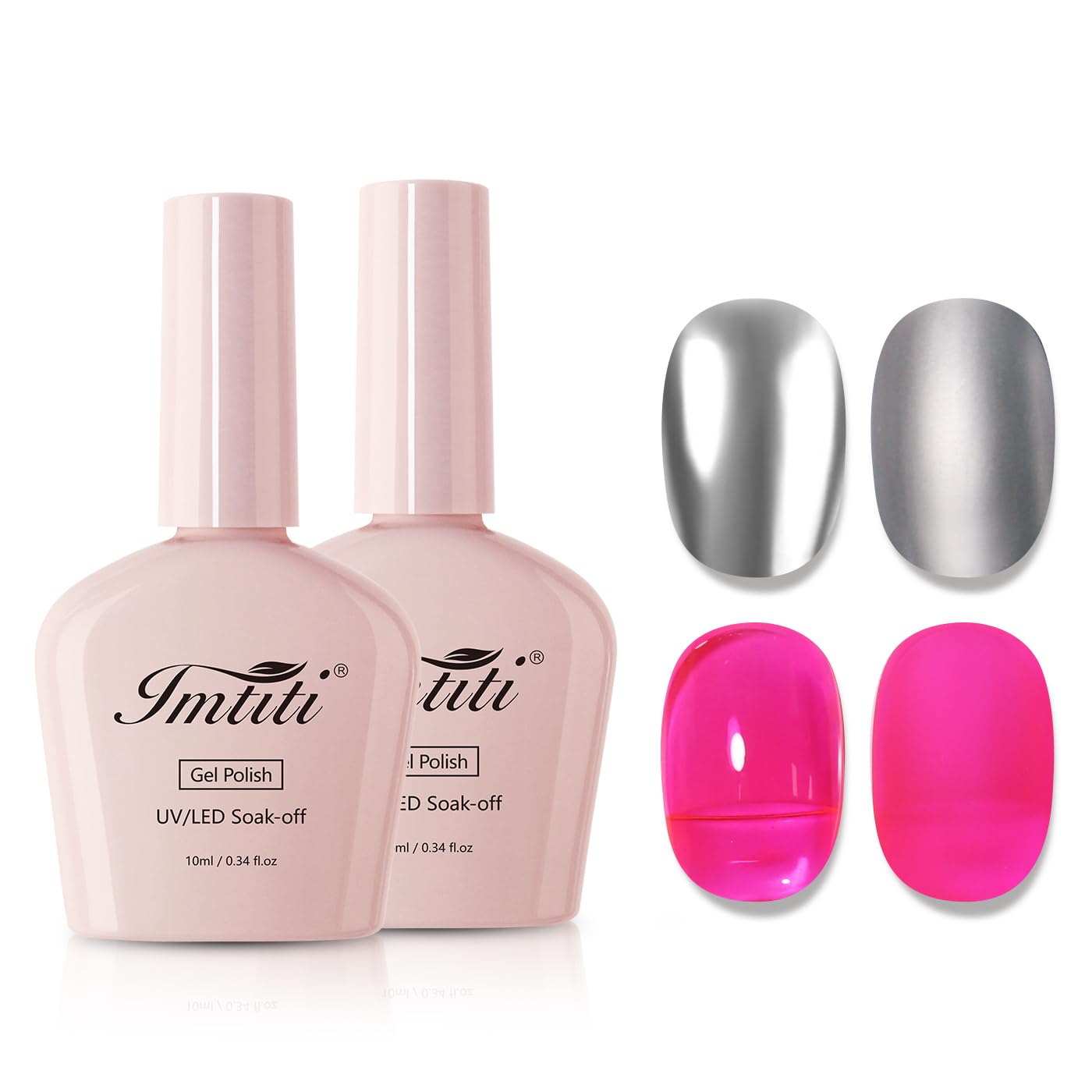 Imtiti Metallic Gel Nail Polish Set, 2 Pcs 10ml Chrome Mirror Shine gel polish & Hot Pink Jelly GEl POlish Soak Off UV LED Spring Summer Nail Art Manicure Salon DIY Design Kit