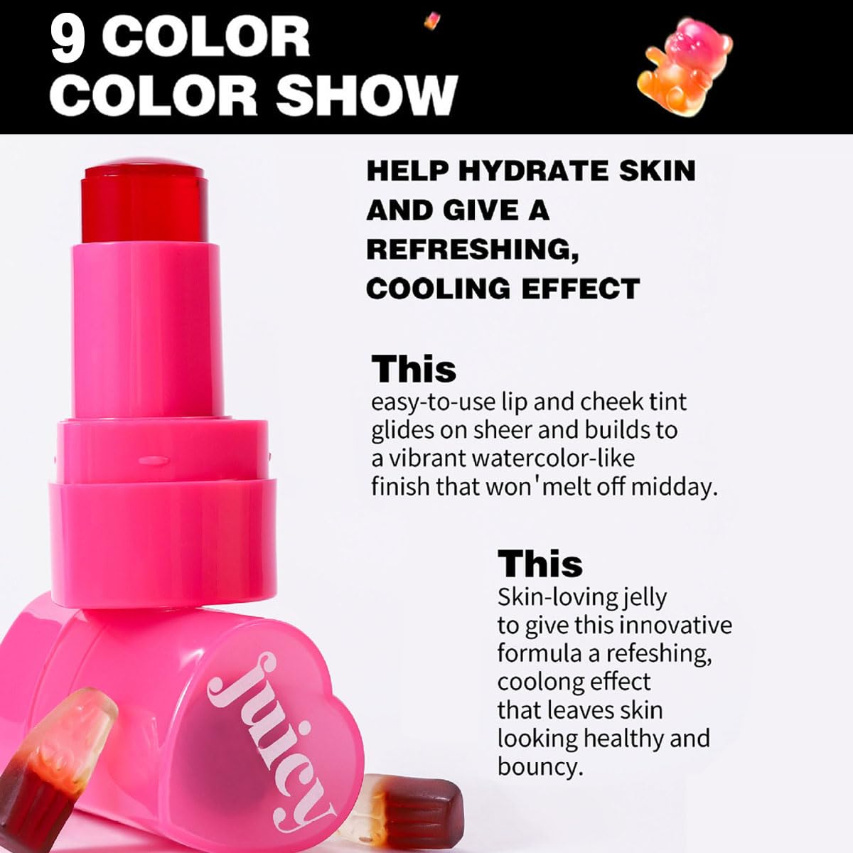 Cooling Water Jelly Tint Stick，Multi-Use Juicy Love Blush, 3-In-1cheek Blush & Eyeshadow & Lip Tinted Long-Lasting Moisture Stick，Bouncy Jelly Texture，Creates A Moist Watercolor Effect (#01, 0.32oz)