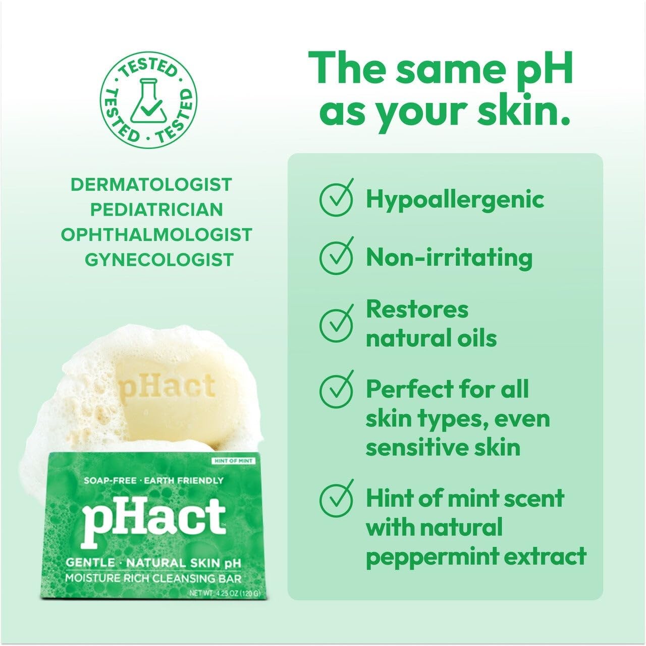 ANDREW LESSMAN pHact Moisture-Rich, Soap-Free Cleansing Bar Hint of Mint. Natural Skin pH. All Skin Types - Even Sensitive Skin. Hypoallergenic. Dermatologist Tested. 6 Pack 4.25 oz each