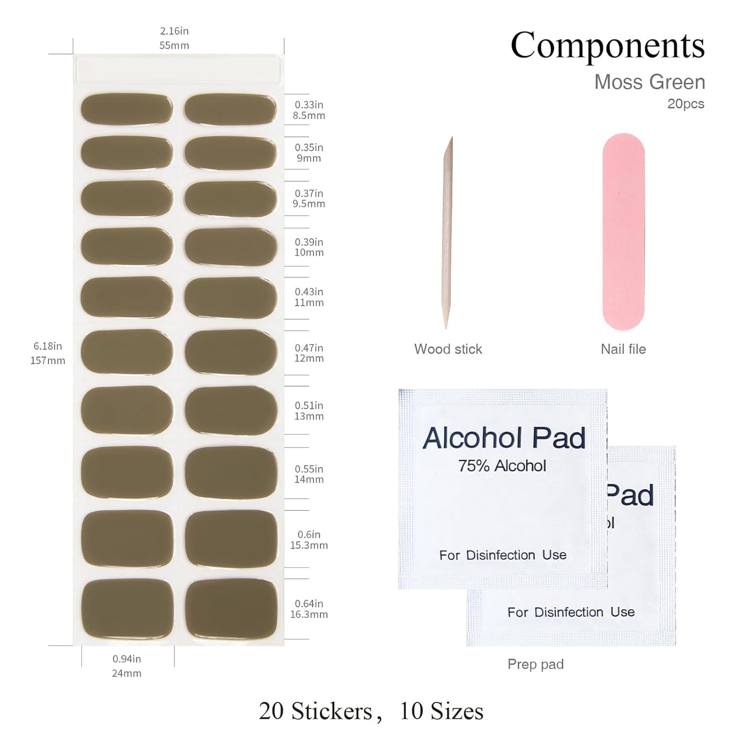 Semi Cured Gel Nail Strips, 20 PCS Gel Nail Stickers Work with UV Light, Gel Nail Wraps, Salon Quality & Easy to Use - Moss Green