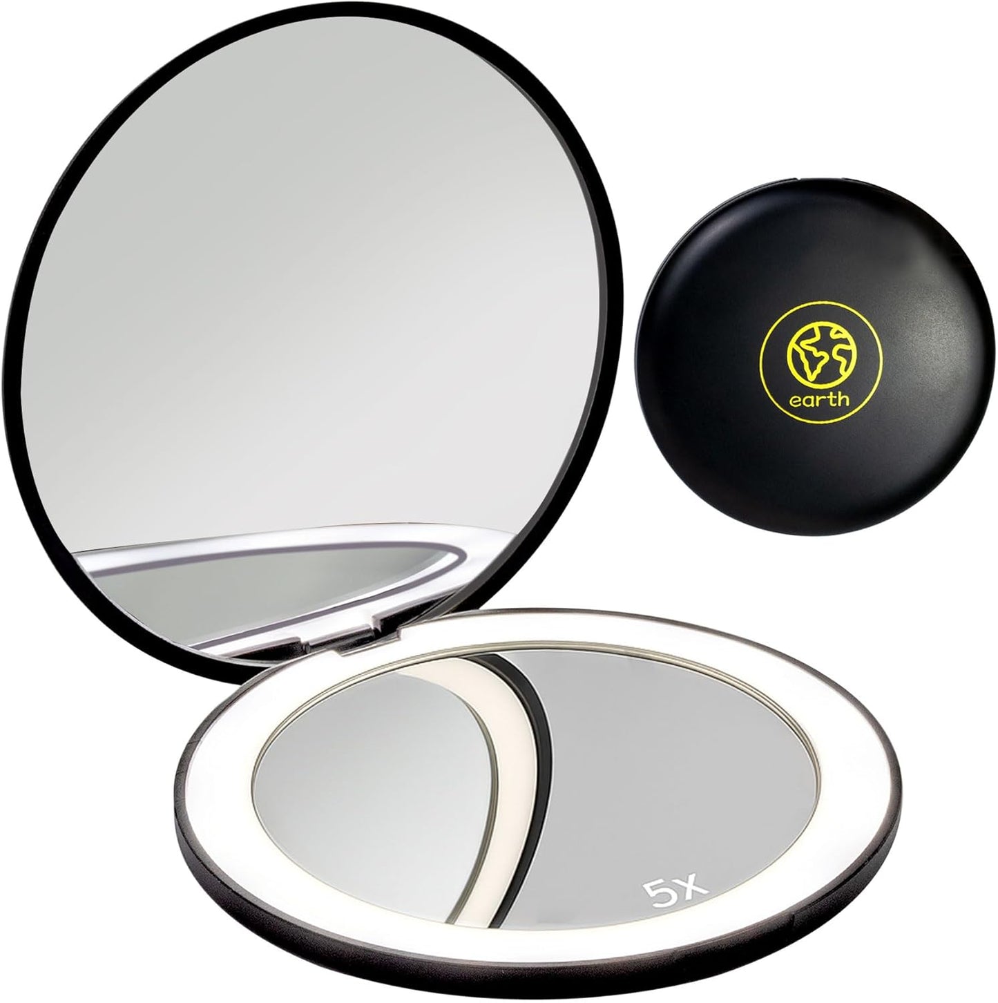 LanJo Lighted Compact Mirror with 1X/5X Magnification, Stepless Dimming & 3 Adjustable Light Settings, Rechargeable Makeup Mirror for Purse, Travel & Gifts – Earth Sign Zodiac Design – Black