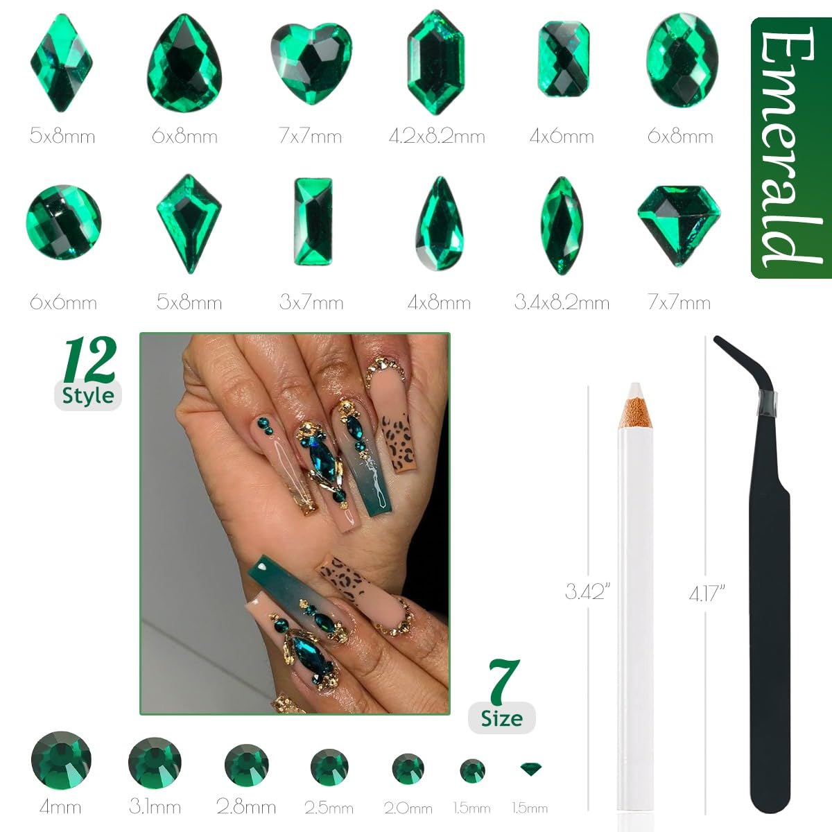 4080Pcs Emerald Green Nail Rhinestones K9 Glass Crystal Flat Back Rhinestones Nail Charms Stones Multi Shapes Big Gems Round Beads Nail Art Diamonds jewels for Nails Face Eyes Makeup Crafts DIY