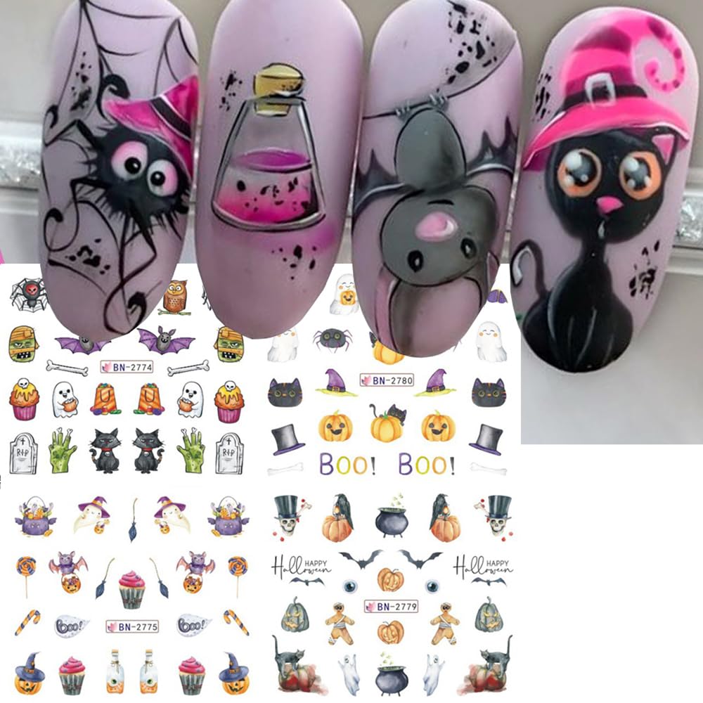 Halloween Nail Stickers 12 Sheets Pumpkin Halloween Nail Art Supplies Decorations Water Transfer Nail Decals Cute Ghost Witch Bat Skeleton Spider Design Watermark Slider Nail Foils for Women DIY