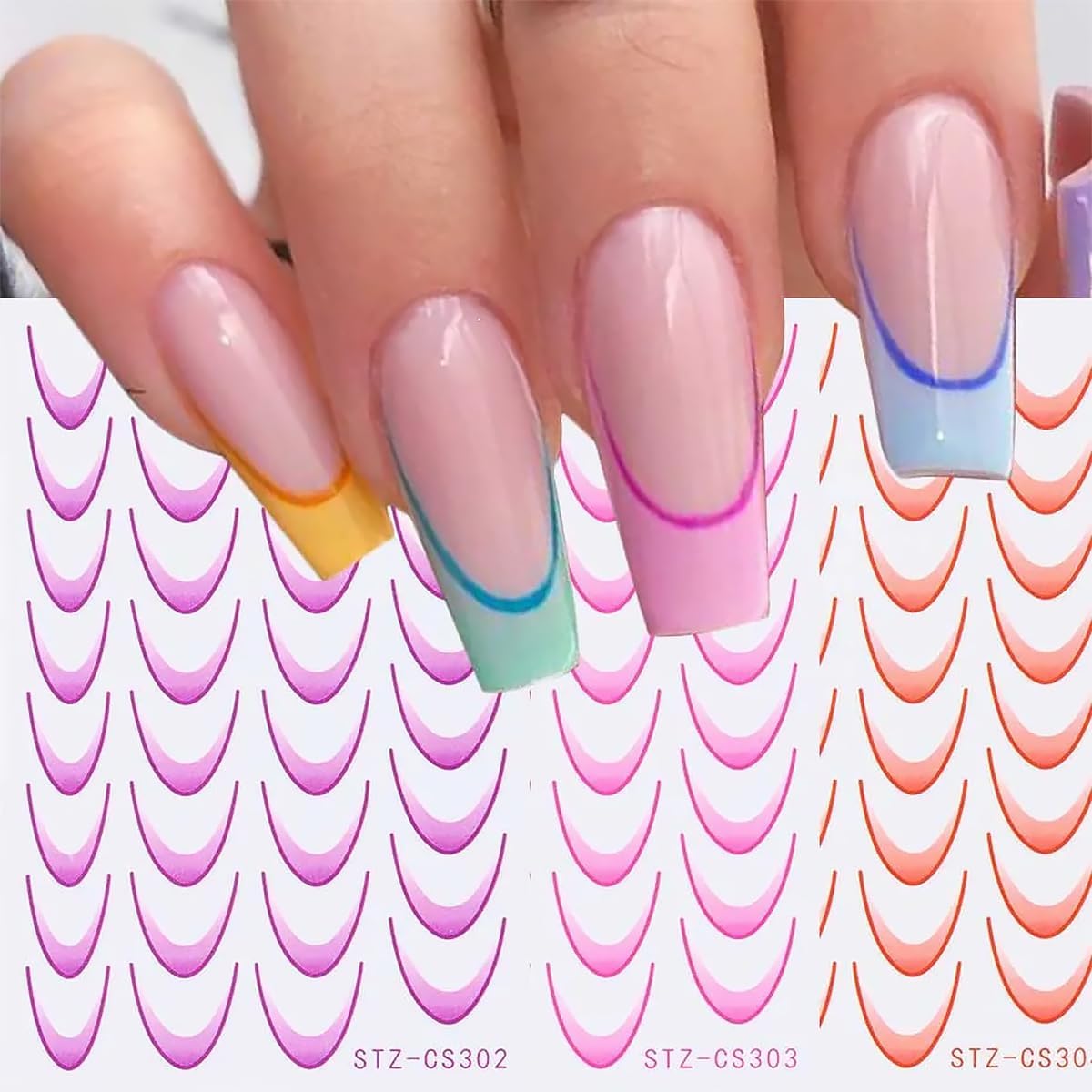 6 Sheets French Tip Nail Stickers for 3D Self-Adhesive Gradient Decals - Colorful Stripe Tips Supplies for DIY Art Decorations Tools