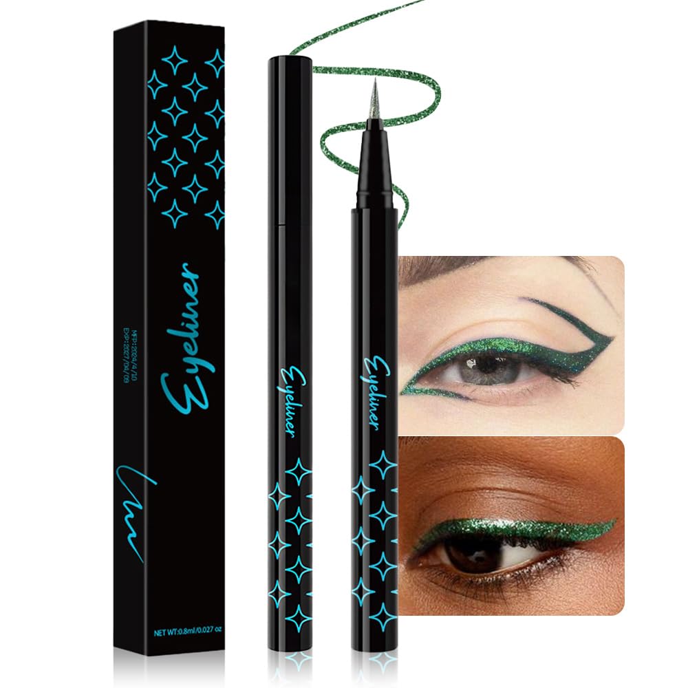 Emerald Green Metallic Glitter Liquid Eyeliner Pen – Long-Lasting Sparkly Waterproof Eyeliner for Women & Men – Tattoo-Effect Eye Makeup for Parties – Delineador Líquido con Brillo 07