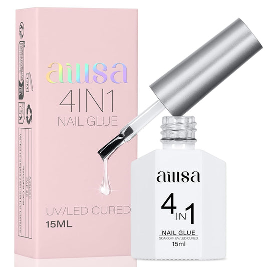 AILLSA Gel Nail Glue for Acrylic Nails, 4 in 1 Super Strong Nails Gel Glue for Fake Nail Tips,15ML High Capacity Long Lasting Brush On Nail Glues for Rhinestone Pearl Foil, (U V Lamp Curing Needed)