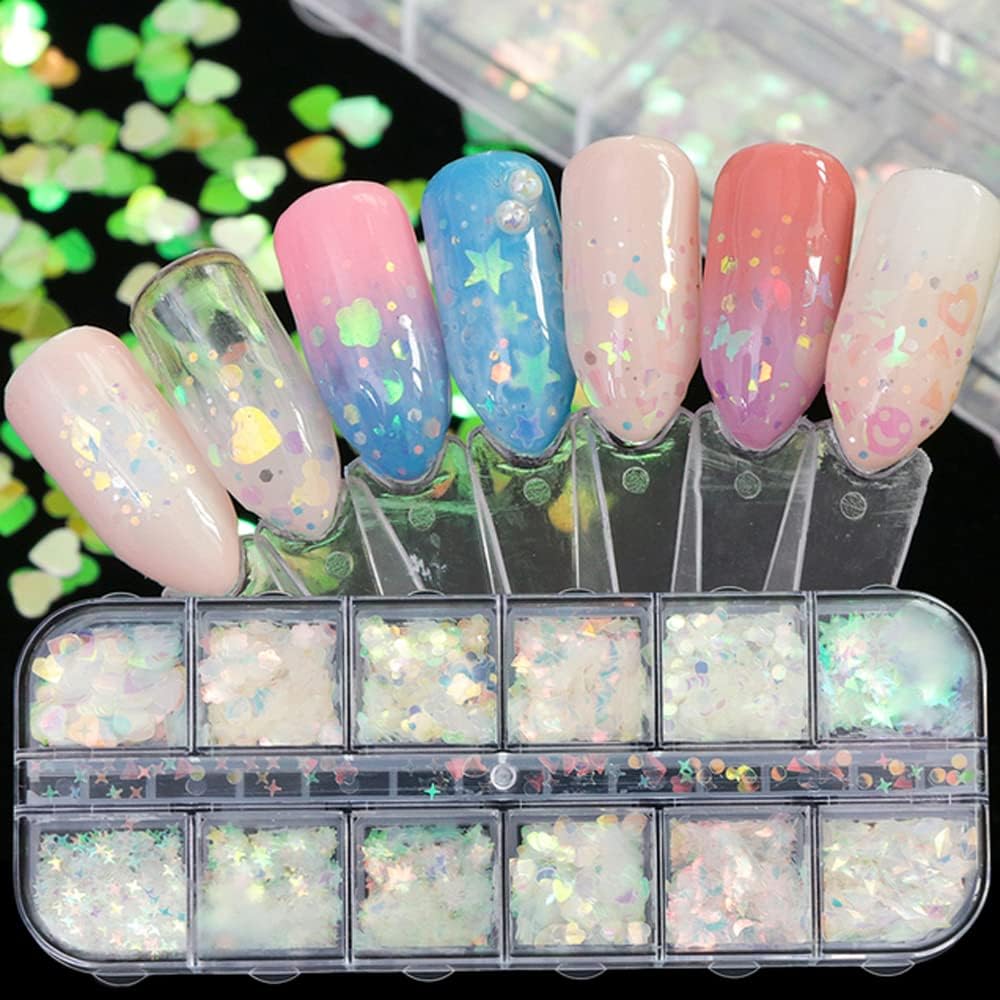 24 Grids Holographic Nail Sequins and 1 Pcs Tweezers,Iridescent Mermaid Flakes Ultra-Thin Colorful Flakes Glitter Sticker,DIY Face Body Eyes for Nail Art Decoration