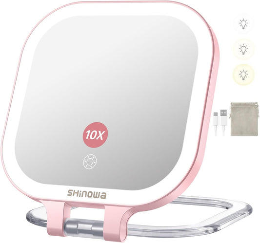 Shinowa Rechargeable Travel Makeup Mirror with 72 LED Lights, 1X/10X Magnifying Vanity Mirror with 3 Color Light, Folding Stand, 7 Inch Portable Dimmable Double Sided Compact Lighted Mirror, Pink