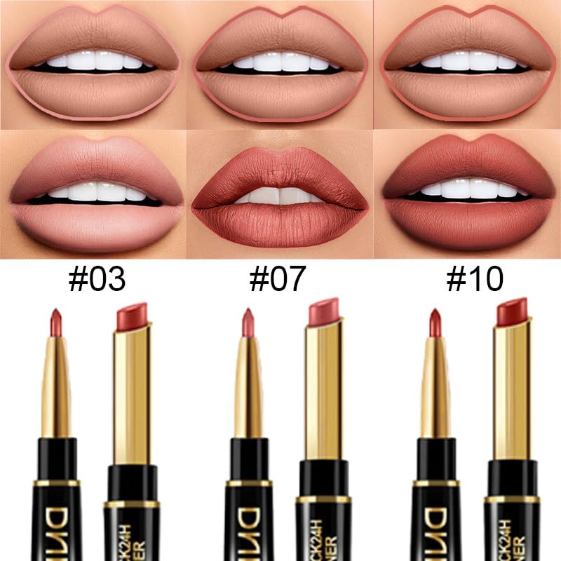 evpct 3Pcs Nude Beige Light Brown Rose Gold Lip Liner and Lipstick Set for Women Matte 24 Hour Lipstick Pen and with Lip Liner Pencil Set Long Lasting 24 labial labiales mate 24 horas originales