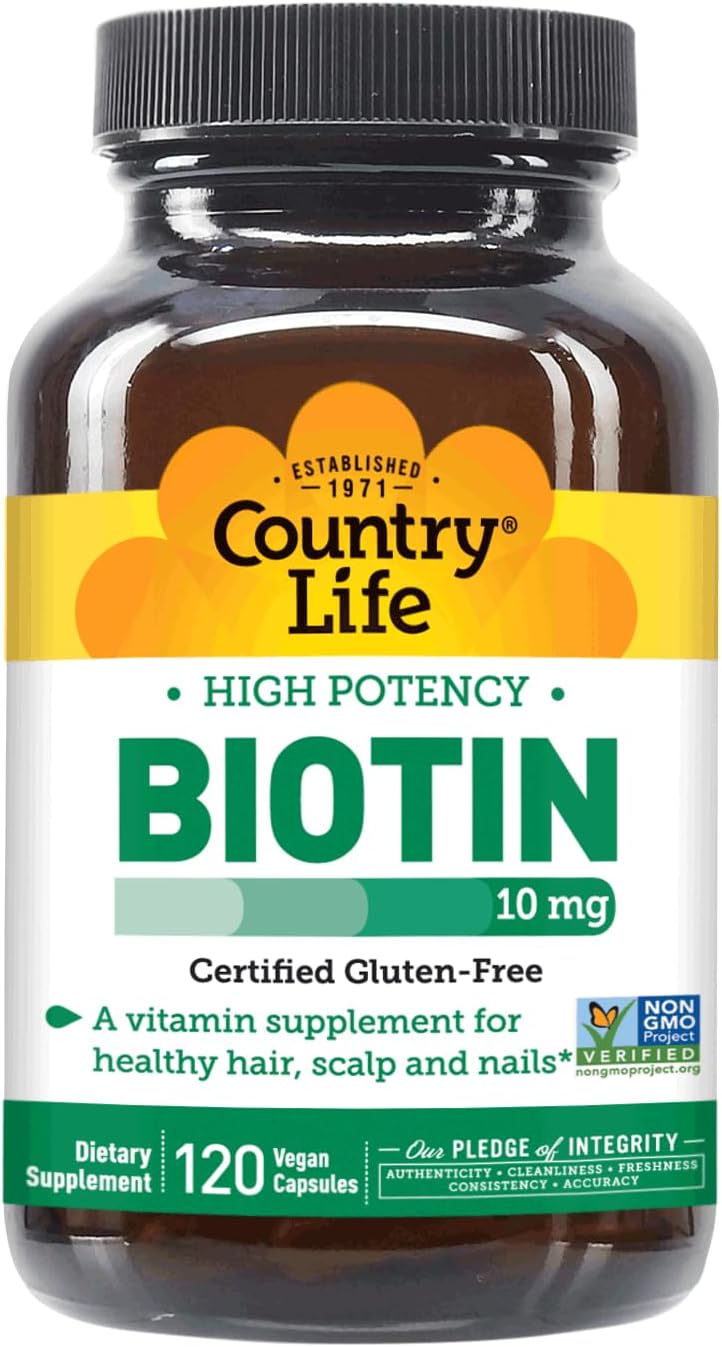 Country Life High-Potency Biotin 10mg - Vegan & Gluten-Free Biotin Supplement for Skin & Nails, Energy Metabolism - Biotin 10000mcg Capsules