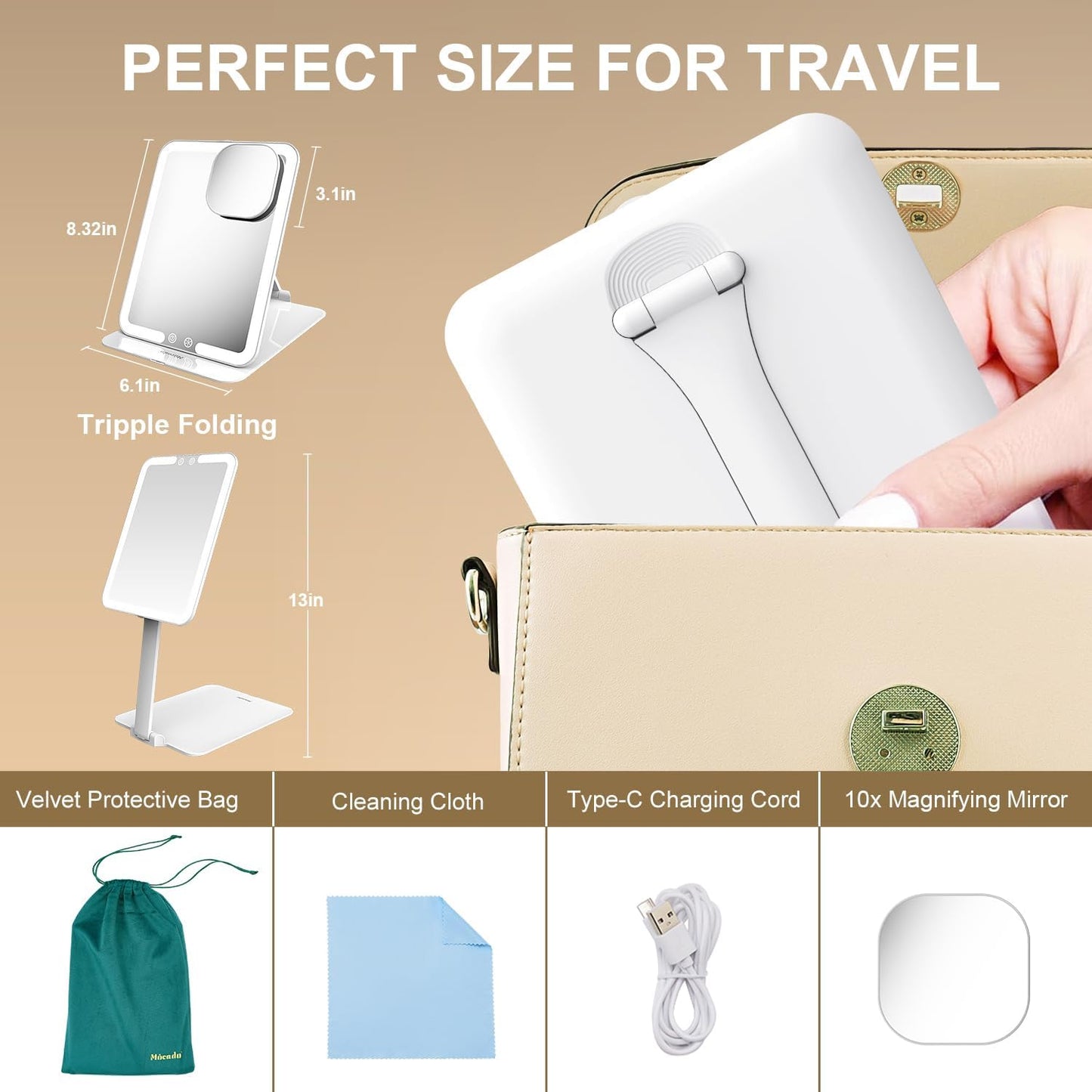 Mocado Travel Makeup Mirror with Light, Tripple Folding Vanity Mirror with Lights, 3 Colors Lighted Makeup Mirror, 1500mAh Rechargeable, Memory Function, Freely Adjust Height and Angle(White)