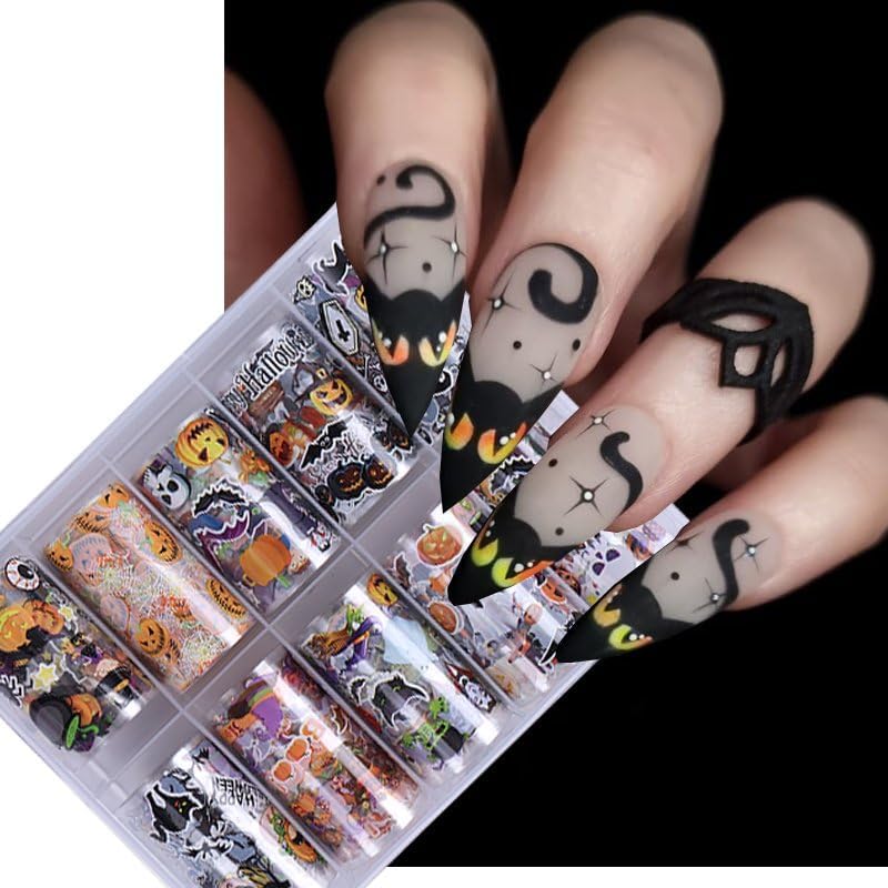 Halloween Nail Foil Transfer Stickers 10 Rolls Orange Pumpkins Skull Nails Stickers Funny Black Hat Nail Foils 1 Box Colorful Starry Sky Paper Nail Decals Halloween Nails Art Sticker Nails Art Decals