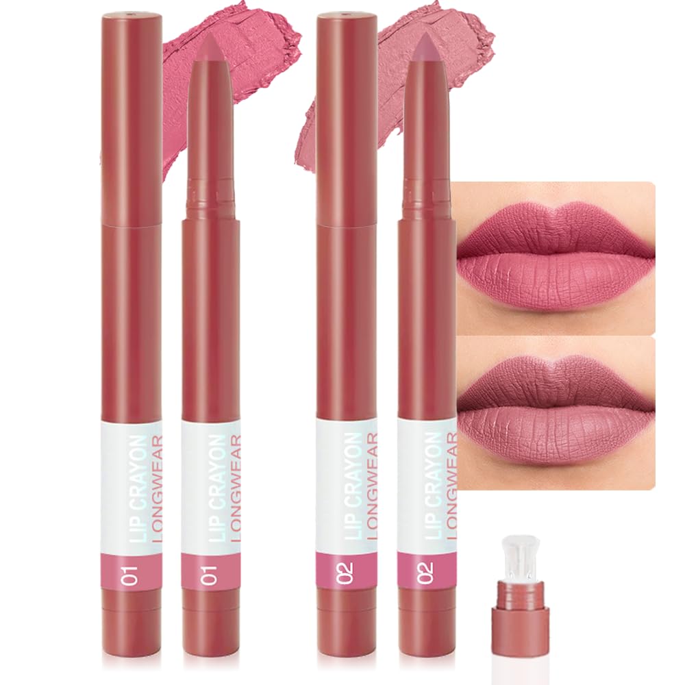 BINGBRUSH Matte Lip Crayon Set – Longwear, Waterproof, Velvet Finish, Built-in Sharpener, Smooth Lip Liner & Gloss (01#+02#, 2 Count (Pack of 1))