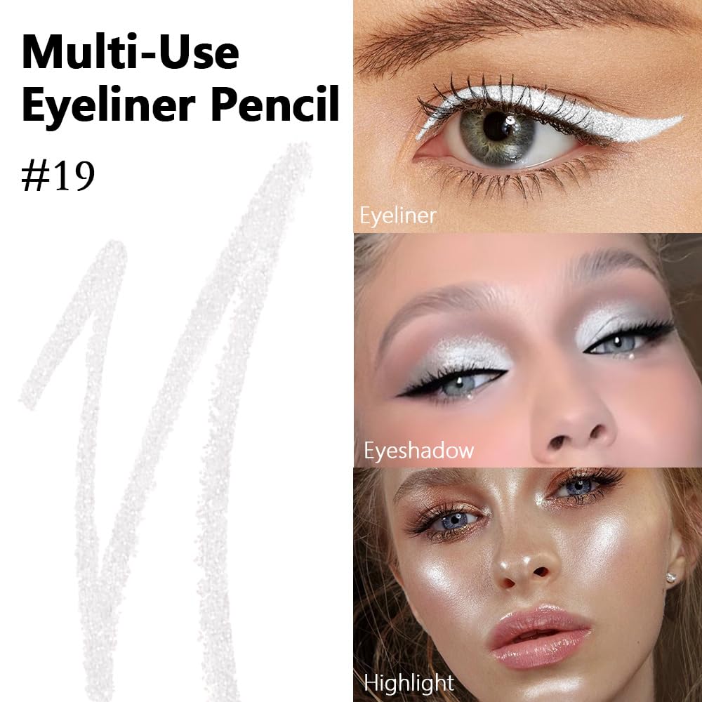 evpct Pearl White Glitter Eyeliner Pencil for Eyes, Pearl White Metallic Shimmer Eye Liner Pencil Makeup Waterproof Smudge Proof, Colored Gel Waterline Eyeliner, Face Eye Paint Stick Halloween Makeup