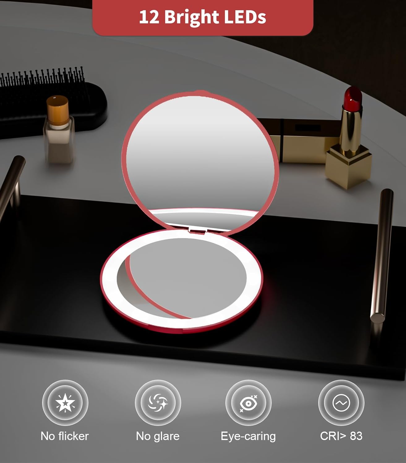 WOBSION Travel Compact Mirror,Portable 1x/10x LED Makeup Mirror with Magnification,Handheld 2-Sided Pocket Mirror, 3.5in Small Mirror for Purse,Handbag,Gift,Wine Red