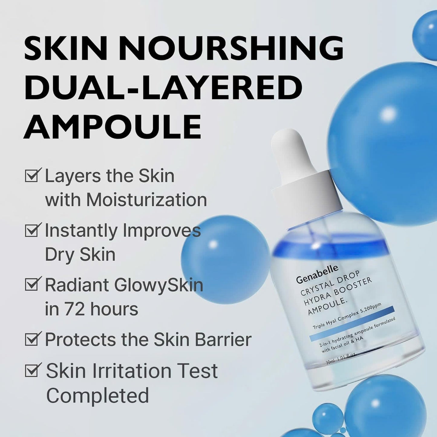 Crystal Drop Hydra Booster Ampoule – Hydrating Serum with Hyaluronic Acid, Panthenol & Jojoba Oil for Skin Barrier and Glow – 1.01 fl.oz