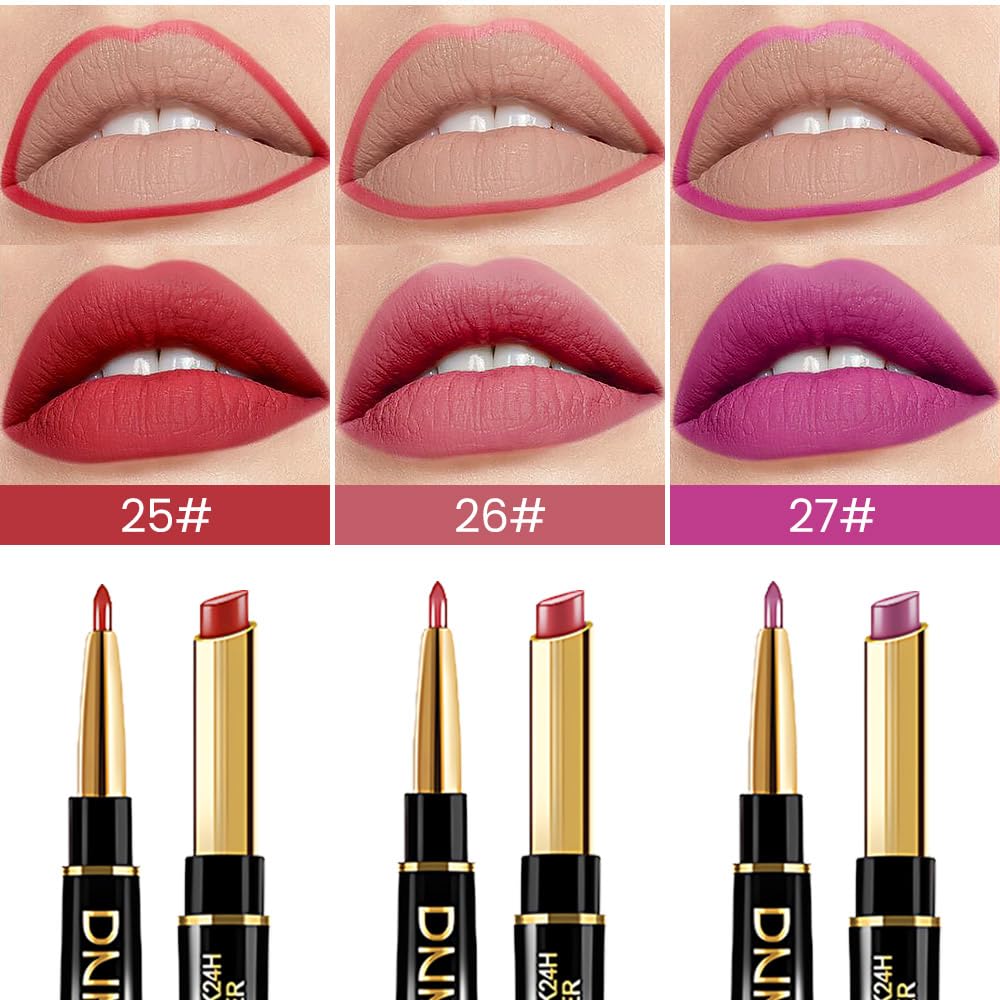 evpct 3Pcs Mauve Plum Red Purple Matte Lip Liner and Lipstick Combo Set Kit for Women, Neutral Magic Lipstick 24 Hours Original Lips Liner Pencil Stain Gloss Plumper Makeup Long Lasting Waterproof